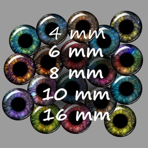 May include: Assortment of colourful glass eyes in various sizes, including 4 mm, 6 mm, 8 mm, 10 mm, and 16 mm. The eyes have a realistic appearance with intricate details.