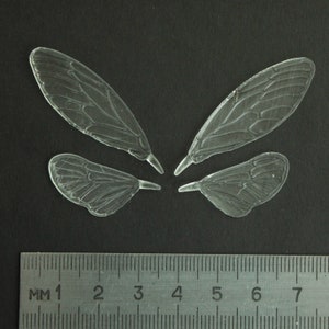 Op de afbeelding: Vier doorzichtige insectenvleugels van plastic, twee grote en twee kleine, symmetrisch gerangschikt op een zwarte achtergrond. Onderaan de afbeelding is een liniaal zichtbaar met markeringen in millimeters.