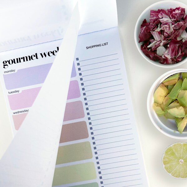 Weekly Meal Planner Notepad A5 Size, Gourmet Weekly Planner, Grocery List, Perforated Tear Off Sheets with Shopping List.