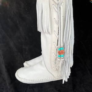 Grounding Shoes custom order made  by me in California.  They are side lace with top, and side fringe and are mid-calf with copper inso