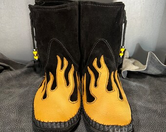 Grounding shoes handmade by me in California. These are Sold order only black suede with yellow leather flames