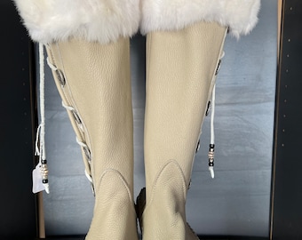 Grounding shoes custom handmade by me in California. Beige knee high boots with  Rex rabbit trim woman's size 10