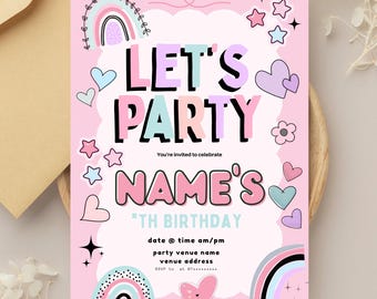 Lets Party Birthday Invitation || Digital Instant Download, Birthday Invite, Canva Editable Template, Rainbow heart Themed, Video Invite.