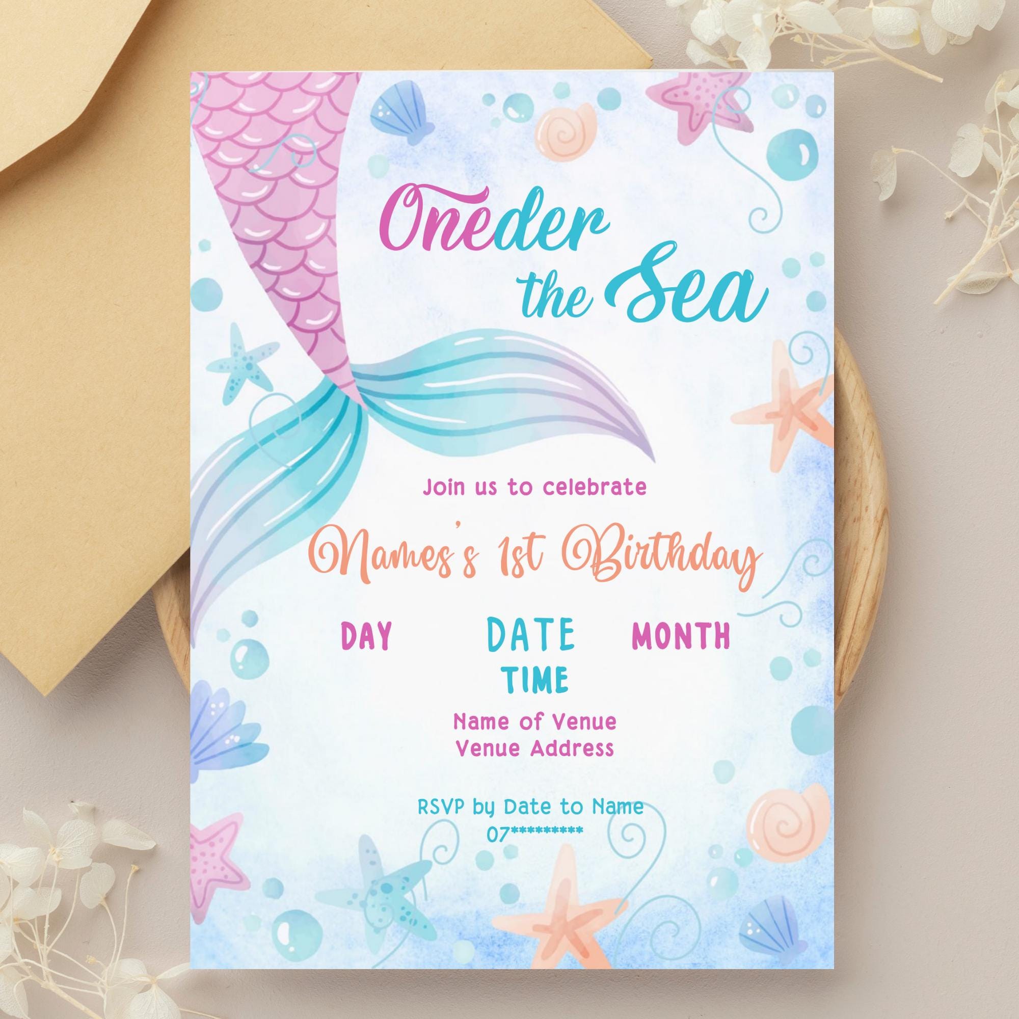 Mermaid Birthday Invitation || Digital Instant Download, Girl Birthday Invite, Canva Editable Template, Under the Sea Theme, Printable PDF.