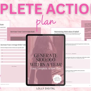 Könnte beinhalten: Ein digitales 115-seitiges Aktionsplan-Dokument mit einem rosa Farbschema. Das zentrale Cover zeigt den Text 'GENERATE $100,000 WITHIN A YEAR' und 'WITH MRR PLR RIGHTS'. Die umliegenden Seiten enthalten Abschnitte zu Konversionsraten und Traffic.