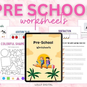 Puede incluir: Hojas de trabajo digitales para preescolar con diversas actividades educativas. La imagen muestra una tableta que muestra una portada con niños en un lápiz, rodeada de hojas de trabajo para emparejar, sumar, formas y practicar la escritura. El texto dice "Pre School Worksheets" y "100 Pages."