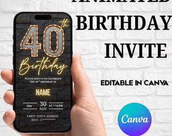 40th Animated Birthday Invitation || Digital Instant Download, Birthday Invite, Canva Editable Template, Black & Gold Themed , Video Invite.