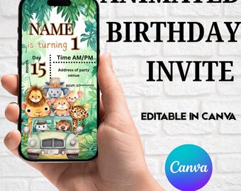 Jungle Animated Birthday Invitation || Digital Instant Download, Boys Birthday Invite, Canva Editable Template, Animal Themed , Printable.