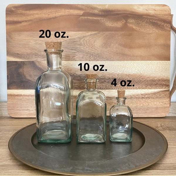 Glass Square Bottle with Cork Lid  - 4 oz, 10 oz, 20 oz, Apothecary, Vintage, Farmhouse, Crafts, Kitchen, Decor, Sand Ceremony, Favors