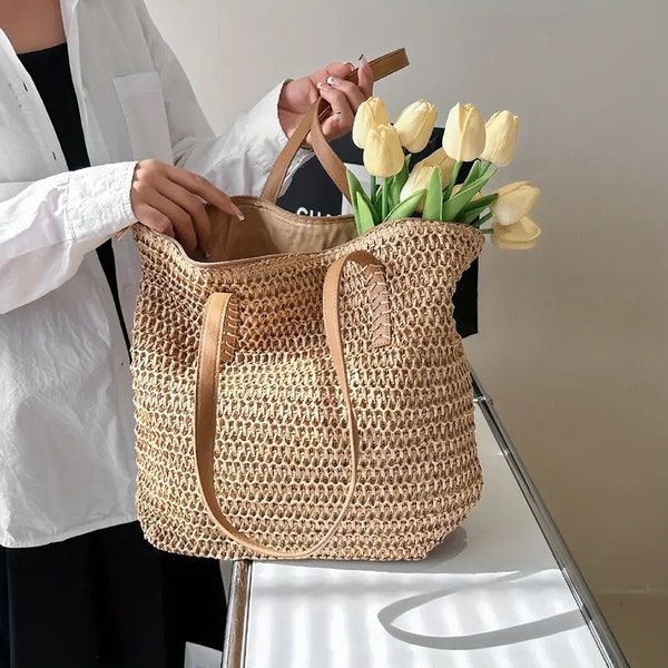 Handwoven Straw/Raffia Vacation Shoulder Bag with Zipper Enclosure, Elegant Stitch Detailing, Linen Interior, Boho, Spring, Summer, Beach