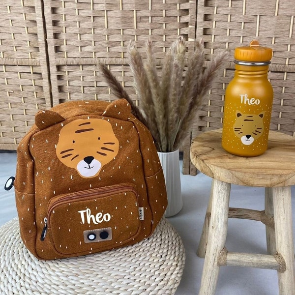 Kinderrucksack mit Namen, Kindergartenrucksack personalisiert als Set mit Trinkflasche, Trixie Kinderrucksack, Kitarucksack Tiger