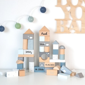 Gift for birth, 50 wooden building blocks blue personalized with storage box image 1