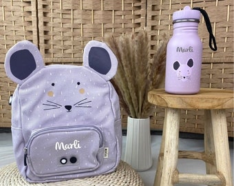 Kinderrucksack mit Namen, Kindergartenrucksack personalisiert als Set mit Trinkflasche, Trixie Kinderrucksack, Kitarucksack Maus