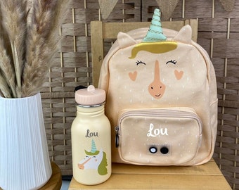 Kinderrucksack mit Namen, Kindergartenrucksack personalisiert als Set mit Trinkflasche, Trixie Kinderrucksack, Kitarucksack Einhorn