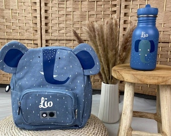 Kinderrucksack mit Namen, Kindergartenrucksack personalisiert als Set mit Trinkflasche, Trixie Kinderrucksack, Kitarucksack Elefant