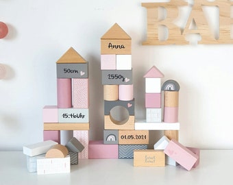 Cadeau naissance, 50 blocs de construction en bois - rose personnalisés avec boite de rangement