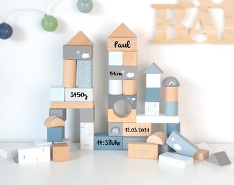 Gift for birth, 50 wooden building blocks - blue personalized with storage box