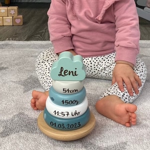 Regalo de nacimiento, regalo de nacimiento para bebés, torre de apilamiento personalizada de menta