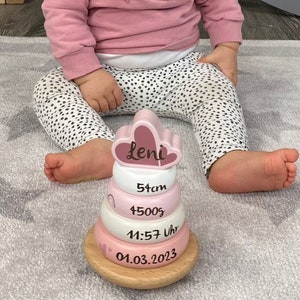 Babygeschenk Geburt, Geschenk zur Geburt, Personalisierter Stapelturm rosa, personalisierte Geschenke Baby, Geschenke Ostern Baby Bild 1