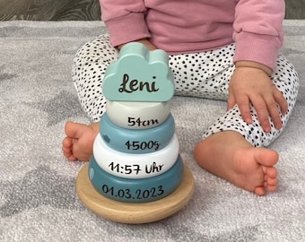 Geschenk Geburt, Babygeschenk Geburt, Personalisierter Stapelturm mint