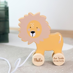 Personalized baptism gift, personalized wooden lion, pull-along toy with engraving, baptism gift, birth gift for boy & girl