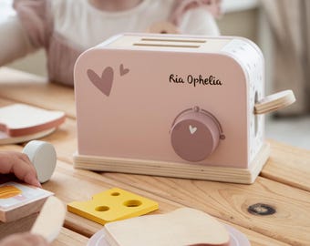 1st birthday gift, toy toaster, children's kitchen accessories made of wood, play kitchen accessories toaster including accessories pink