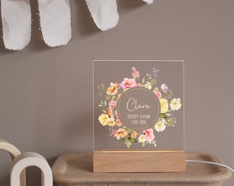 Night light children, flower purple, night light personalized, baby gift birth girl, gift for birth personalized, LED lamp,