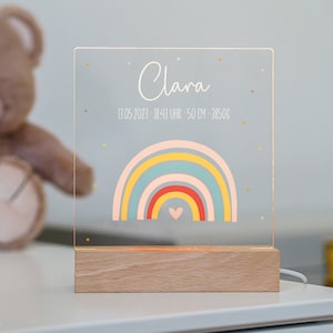 Night light baby, gift for birth rainbow heart, night light personalized, baby gift birth, night lamp wood, LED lamp