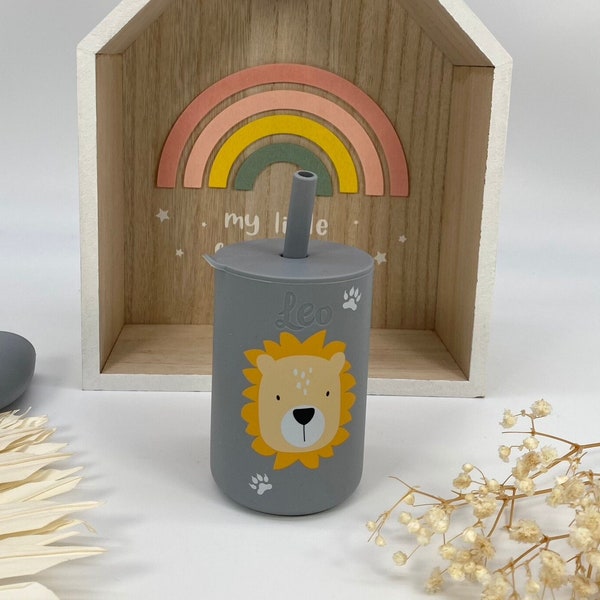 Drinking cup lion Tryco, children's cup with name, drinking cup with straw