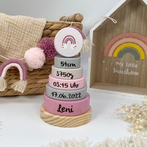 Gift for birth, baby gift with name, personalized stacking tower rainbow, gifts for 1 year old
