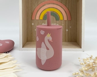 Children's cup with name swan Tryco, drinking cup with straw, drinking cup with name