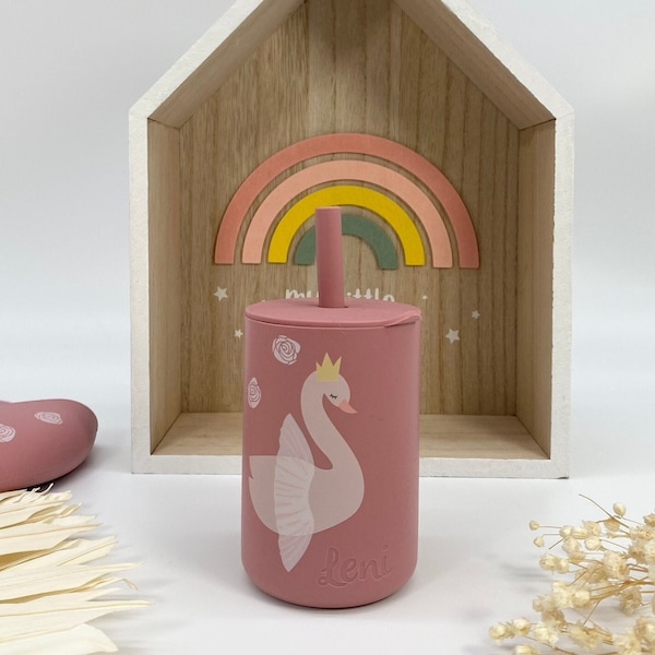 Children's cup with name swan Tryco, drinking cup with straw, drinking cup with name