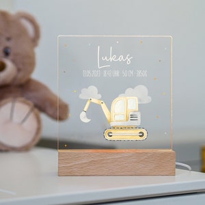 Night light children, excavator, night light personalized, gift birth boy, baby gift, gift for birth