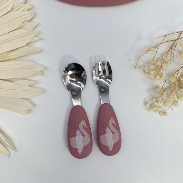 Children's cutlery with the name Swan Ivy Tryco, baby gift, children's cutlery from 1 year, cutlery with engraving