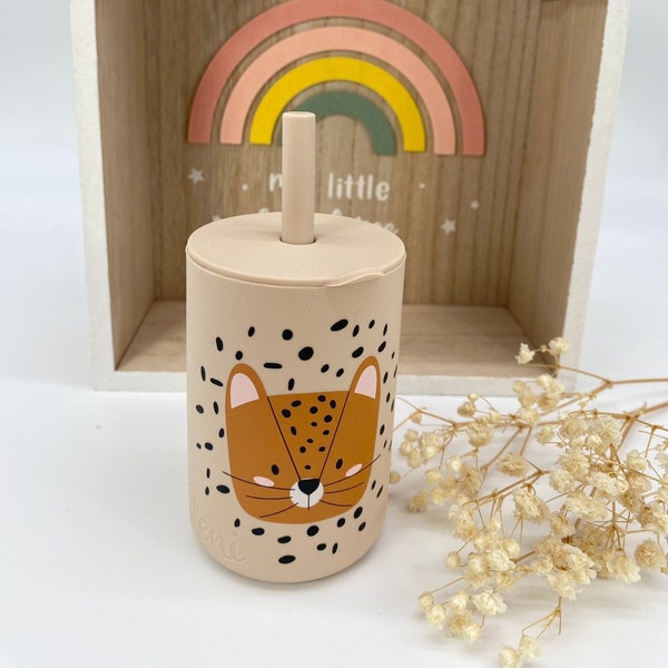 Children's cup with name, leopard tryco, drinking cup, drinking cup with straw, drinking cup with name