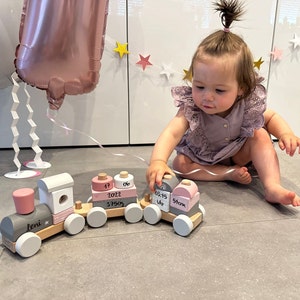 Gift for birth, baby gift birth, wooden train personalized pink, baby gifts with name, personalized gifts baby