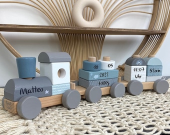 Geschenk Geburt, Babygeschenk zur Geburt, Holzeisenbahn personalisiert blau, Personalisierte Geschenke Baby, Ostergeschenk Baby