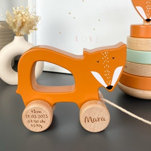 Personalized pull-along toy, 1st birthday gift, personalized baby gift, pull-along toy Mr. Fox orange