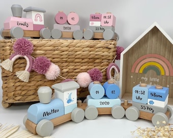 Cadeau de naissance, cadeaux de naissance personnalisés, train en bois personnalisé, cadeau de naissance bébé