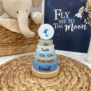 Exceptional baptism gift boy baptism gift Montessori toy stacking tower moon blue