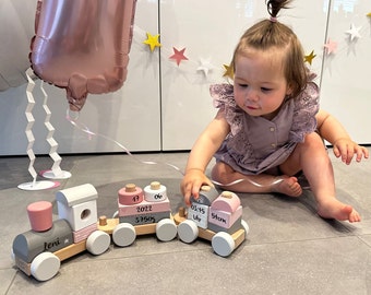 Gift for birth, baby gift birth, wooden train personalized pink, baby gifts with name, personalized gifts baby