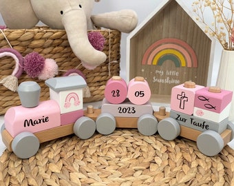 Baptism gift girl baptism gift Exceptional baptism gift wooden railway MM personalized pink