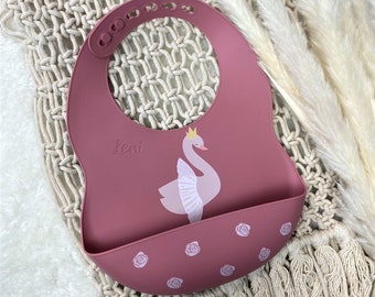 Bibs with drip tray, silicone bibs swan Tryco, baby bibs with name, personalized gifts baby