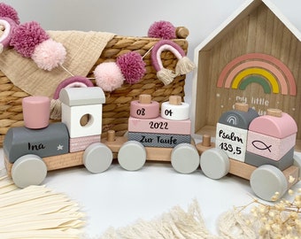 Christening gift, personalized pink wooden train, christening gift for girls, gifts for baptism