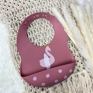 Bibs with drip tray, silicone bibs swan Tryco, baby bibs with name, personalized gifts baby