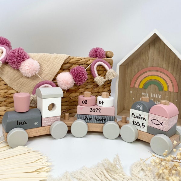 Baptism gift, wooden train personalized pink, baptism gift girl, gifts for baptism