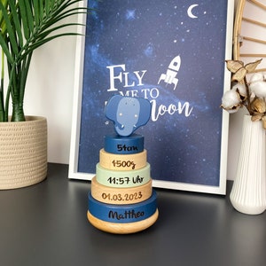 Gifts for birth, stacking tower Mrs. Elephant blue, gift for 1 year old