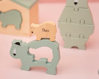 Birth gift, wooden puzzle Mr. Polar Bear mint, customizable