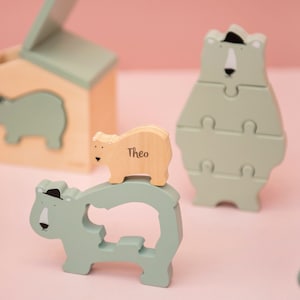 Birth gift, wooden puzzle Mr. Polar Bear mint, customizable