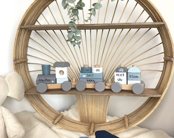 Baby gift birth, gift birth, wooden toy baby, wooden train personalized blue, printed customizable